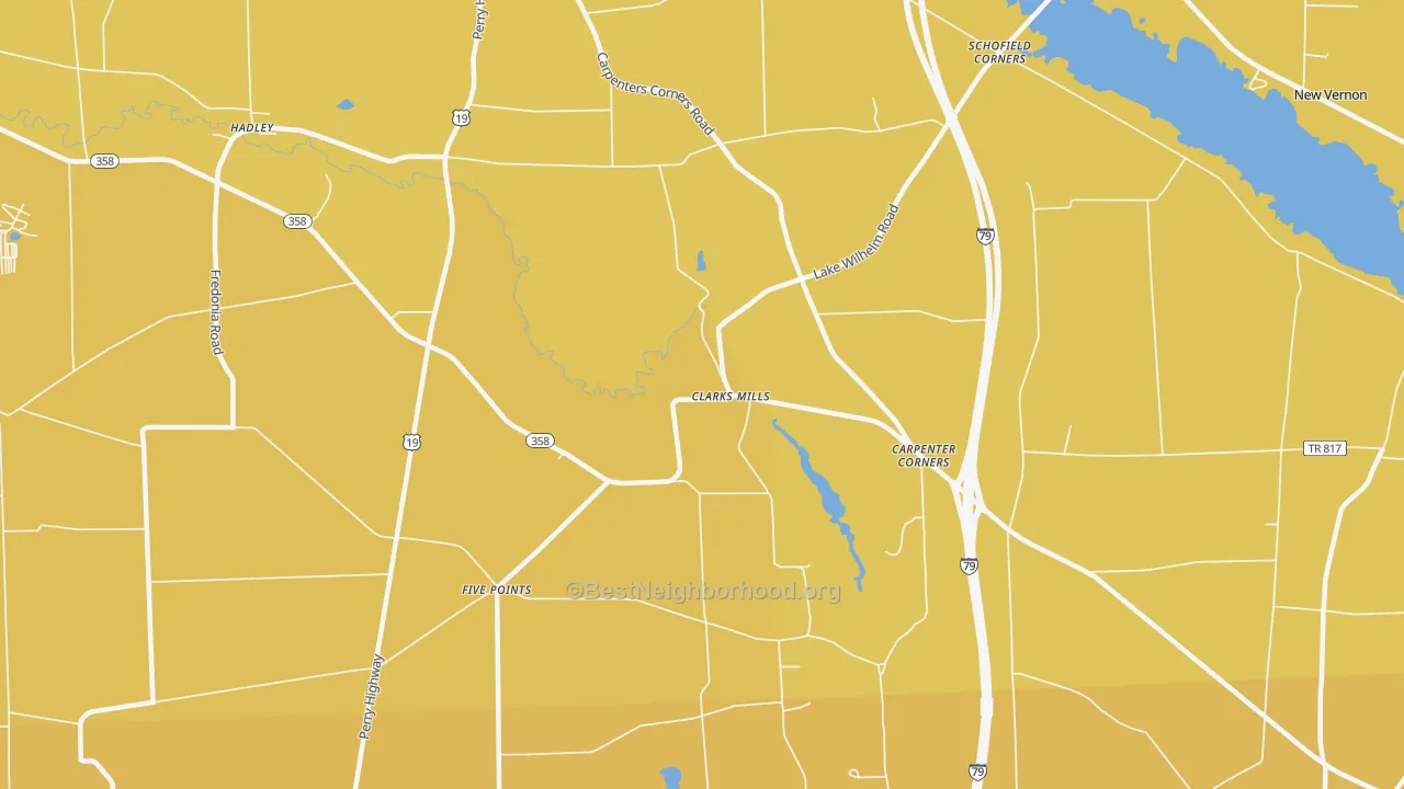 Map of the best neighborhoods in the Clarks Mills area, with better matches in green and worse matches in red