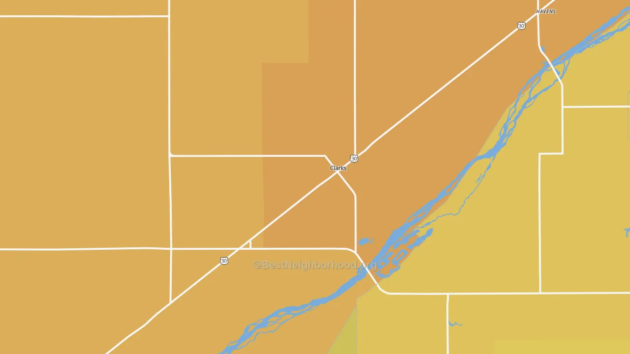 Map of the best neighborhoods in the Clarks area, with better matches in green and worse matches in red