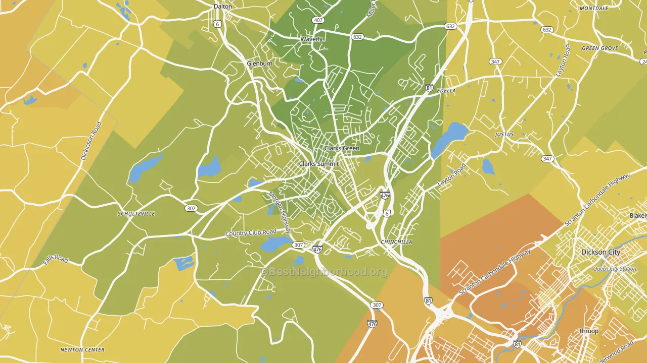 Map of the best neighborhoods in the Clarks Summit area, with better matches in green and worse matches in red