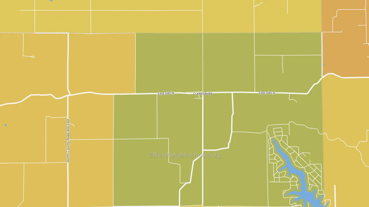 Map of the best neighborhoods in the Clarksburg area, with better matches in green and worse matches in red