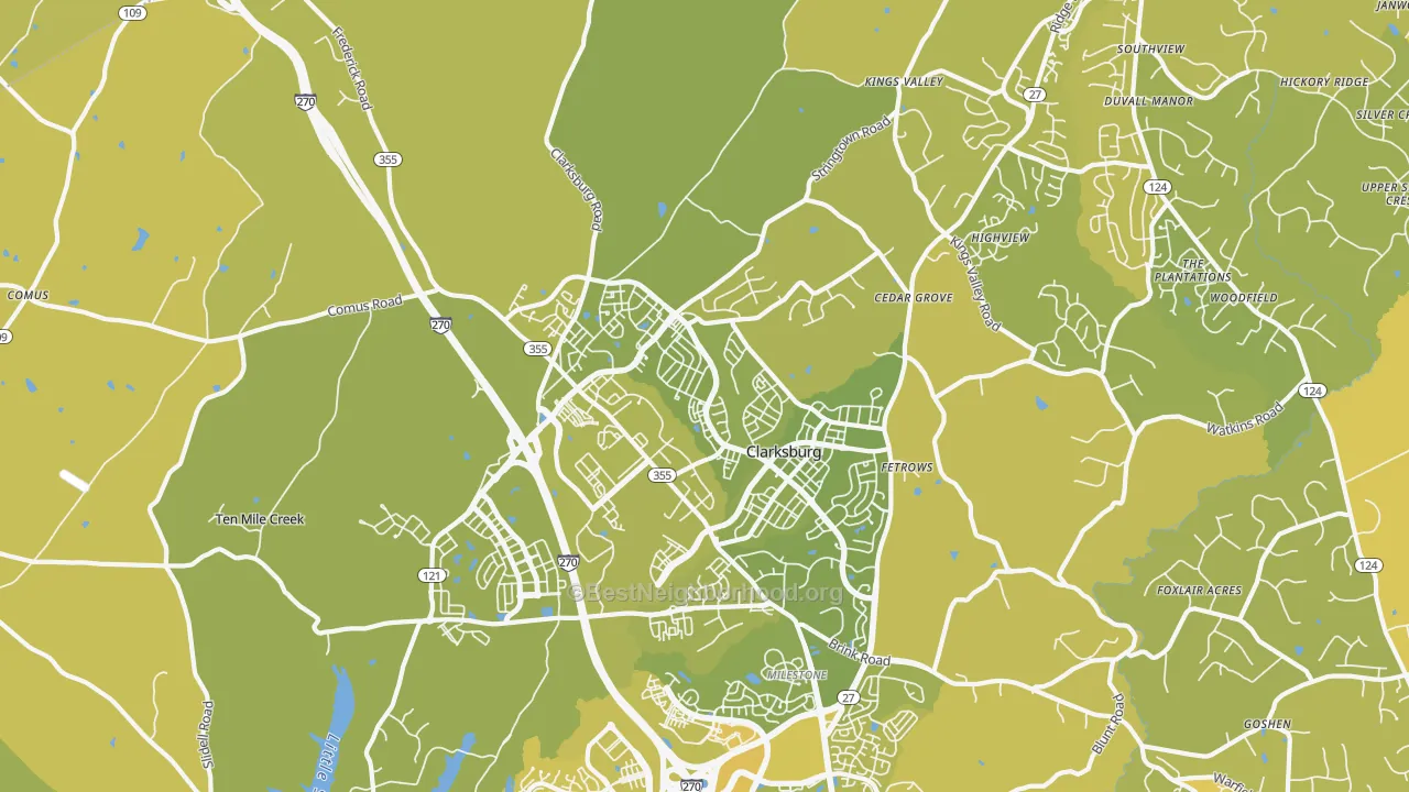 Map of the best neighborhoods in the Clarksburg area, with better matches in green and worse matches in red