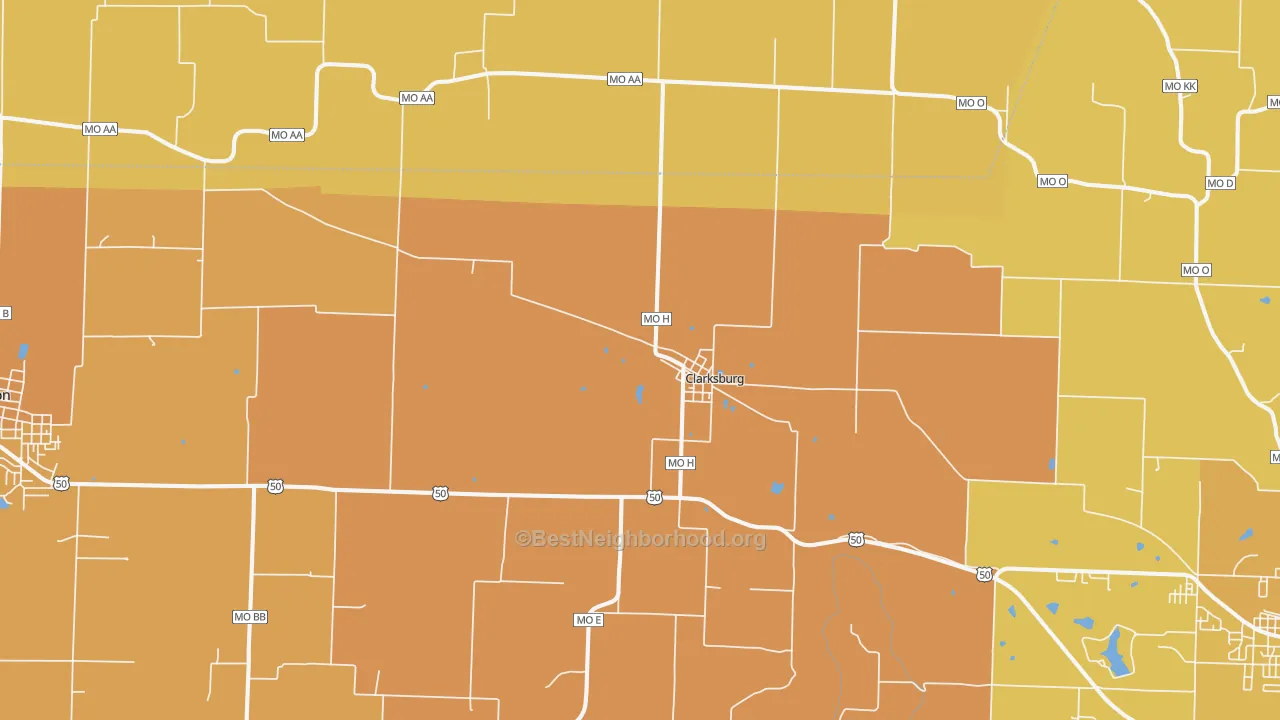 Map of the best neighborhoods in the Clarksburg area, with better matches in green and worse matches in red