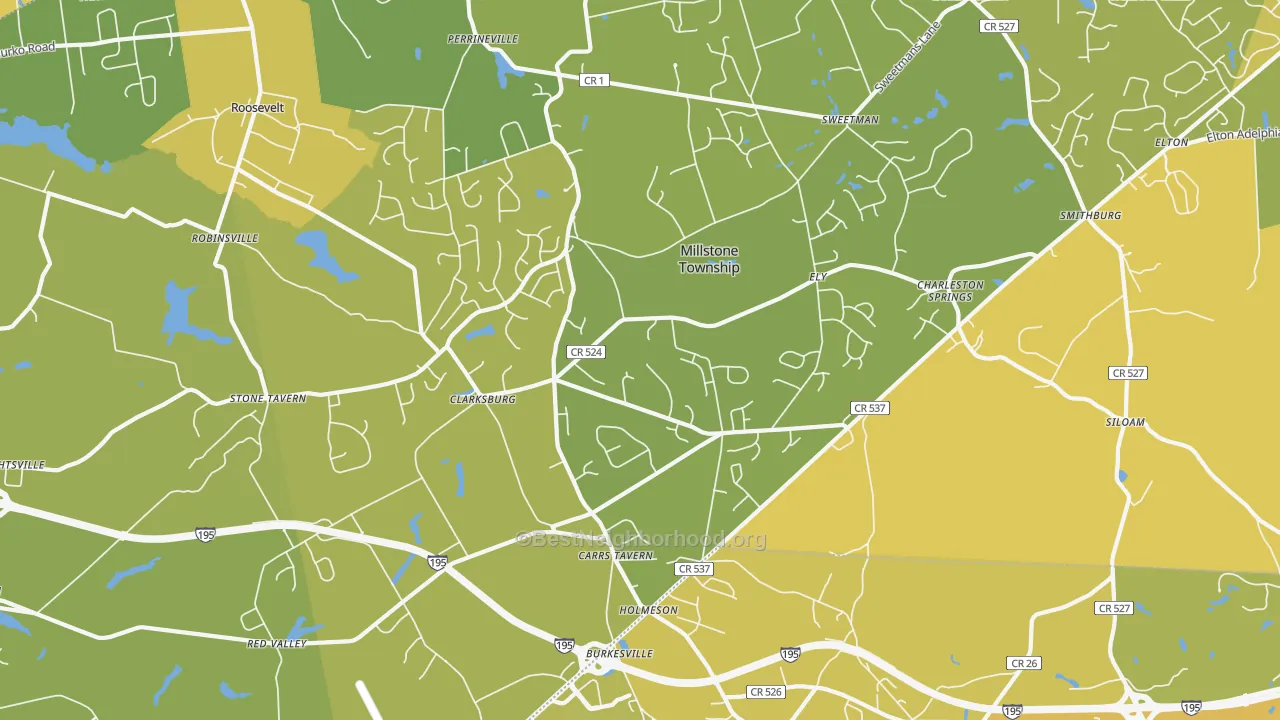 Map of the best neighborhoods in the Clarksburg area, with better matches in green and worse matches in red
