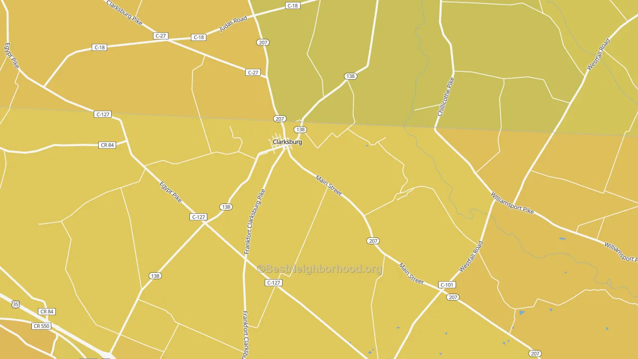 Map of the best neighborhoods in the Clarksburg area, with better matches in green and worse matches in red