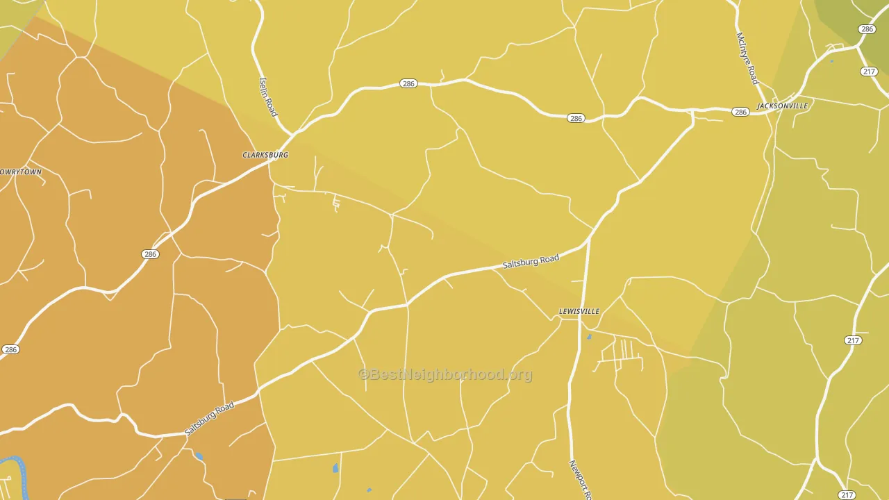Map of the best neighborhoods in the Clarksburg area, with better matches in green and worse matches in red