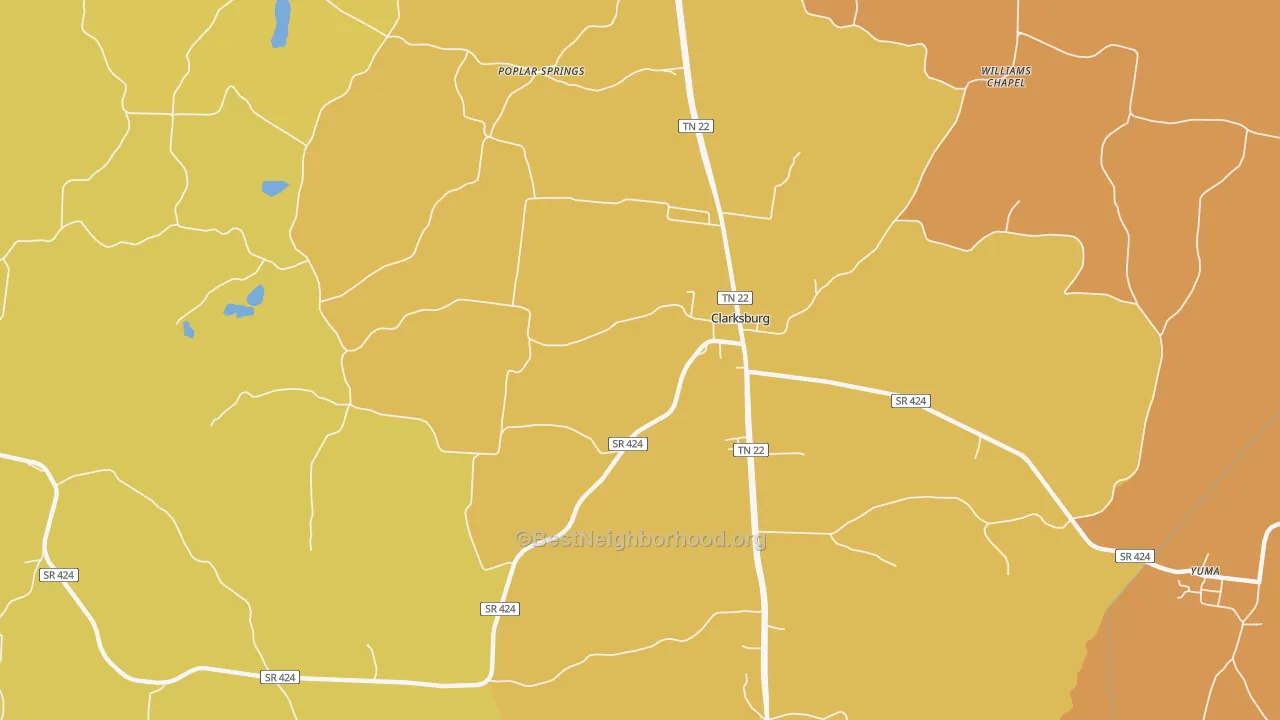 Map of the best neighborhoods in the Clarksburg area, with better matches in green and worse matches in red