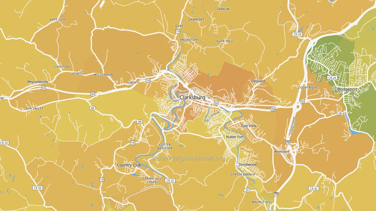 Map of the best neighborhoods in the Clarksburg area, with better matches in green and worse matches in red