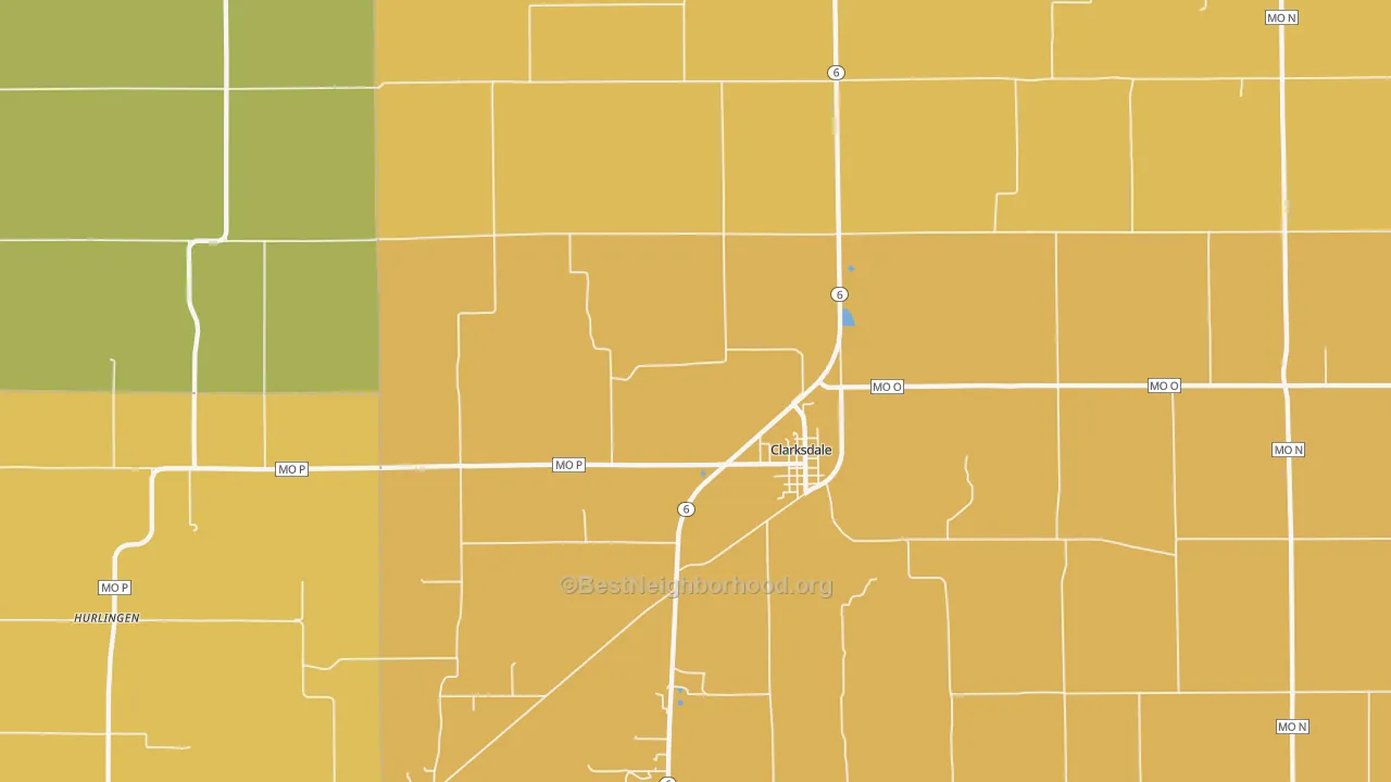 Map of the best neighborhoods in the Clarksdale area, with better matches in green and worse matches in red