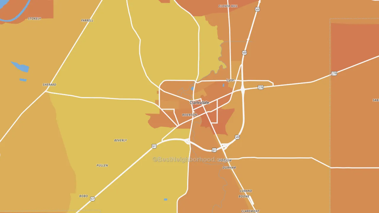 Map of the best neighborhoods in the Clarksdale area, with better matches in green and worse matches in red