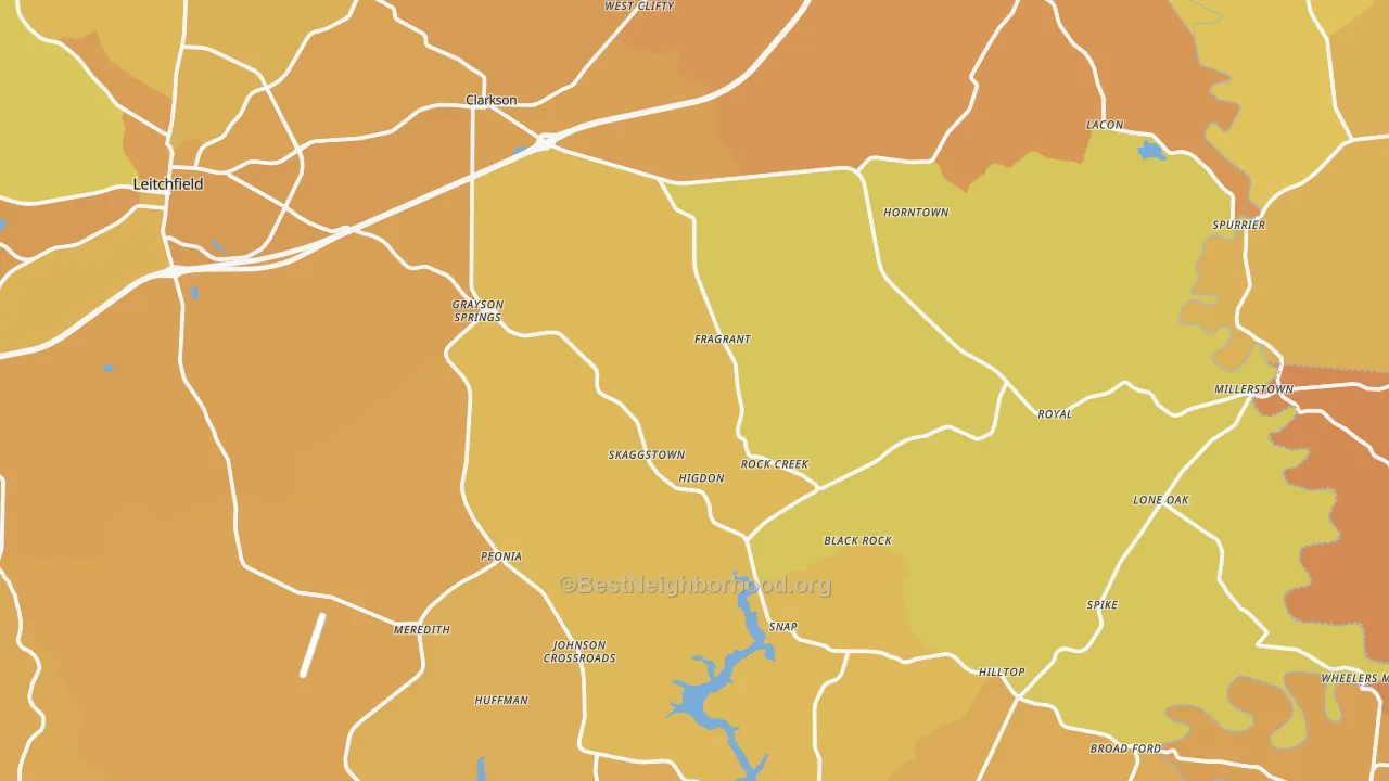 Map of the best neighborhoods in the Clarkson area, with better matches in green and worse matches in red
