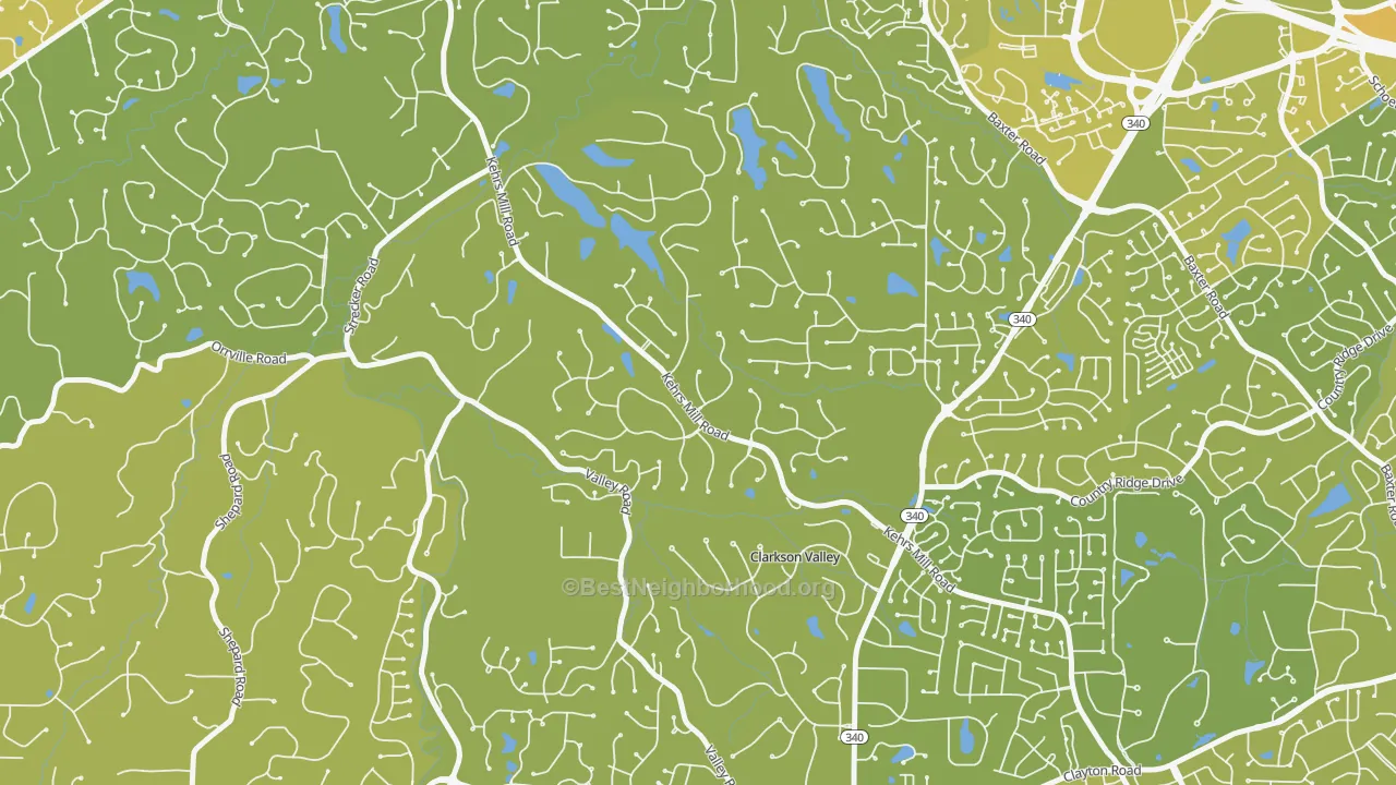 Map of the best neighborhoods in the Clarkson Valley area, with better matches in green and worse matches in red