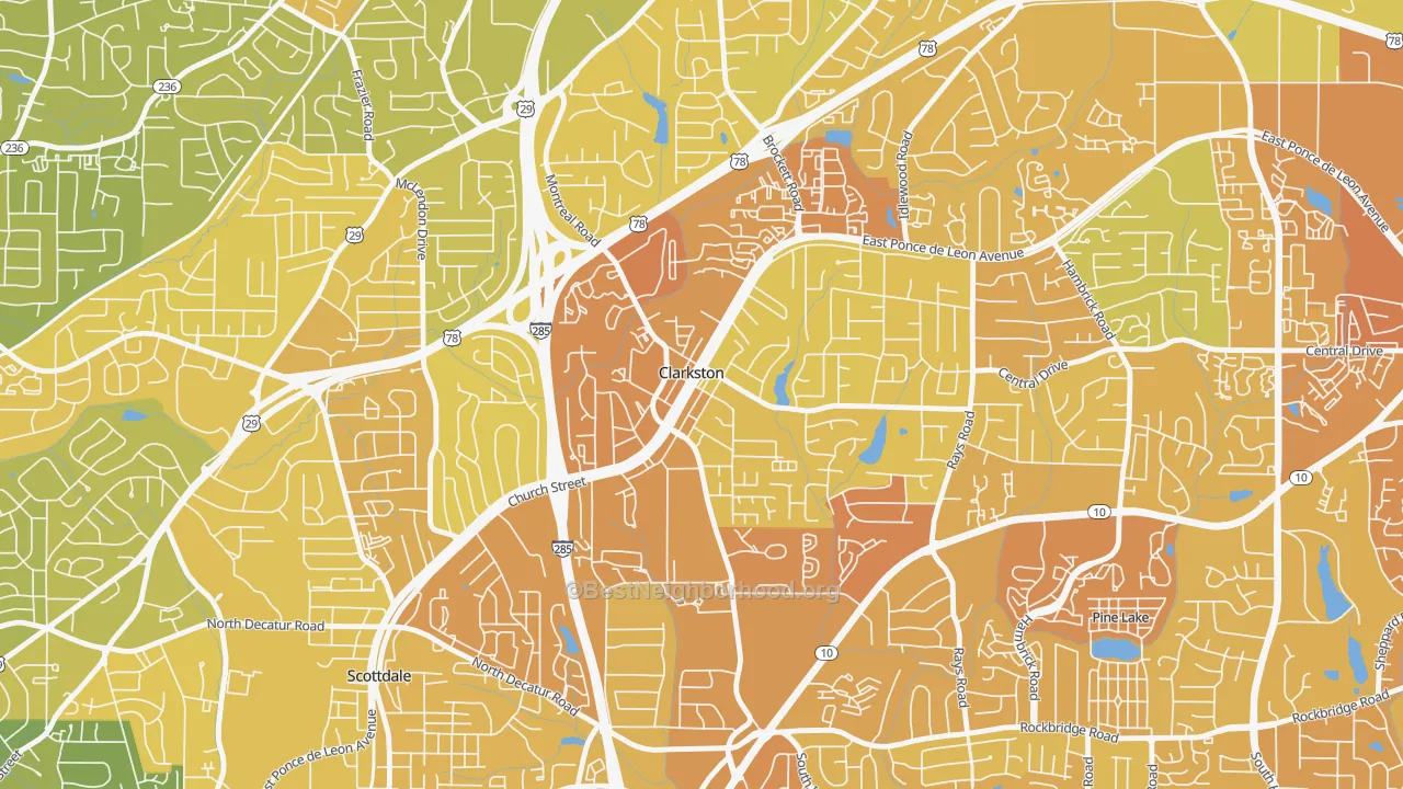 Map of the best neighborhoods in the Clarkston area, with better matches in green and worse matches in red