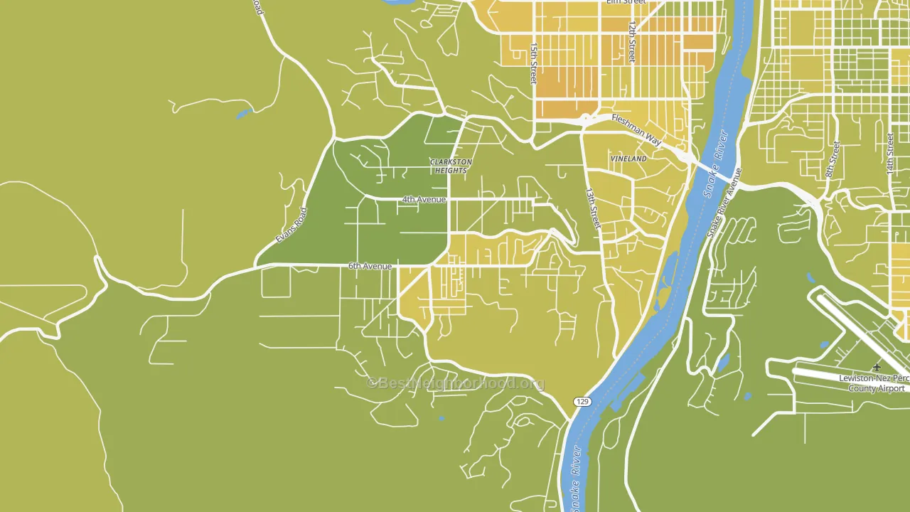 Map of the best neighborhoods in the Clarkston Heights-Vineland area, with better matches in green and worse matches in red