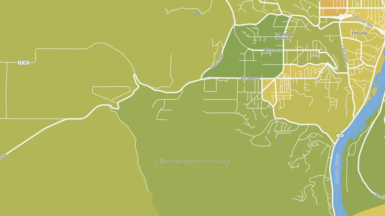 Map of the best neighborhoods in the Clarkston Heights area, with better matches in green and worse matches in red