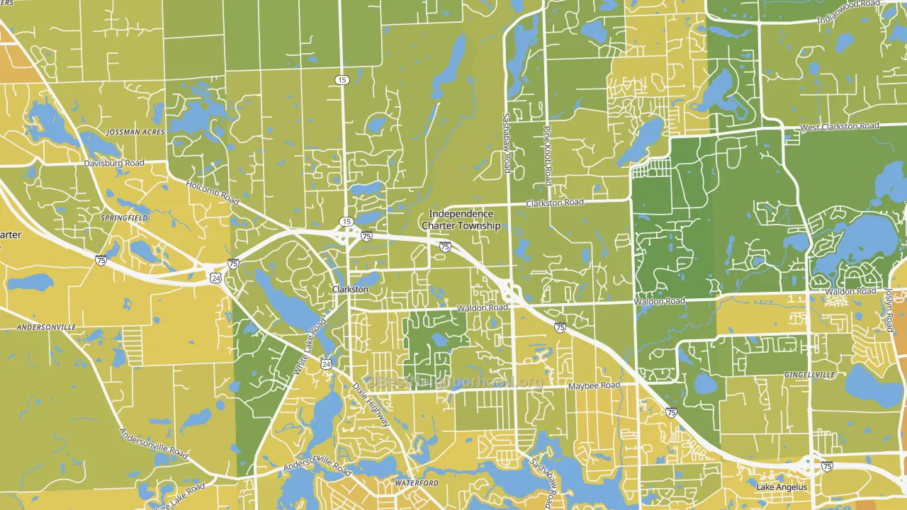 Map of the best neighborhoods in the Clarkston area, with better matches in green and worse matches in red