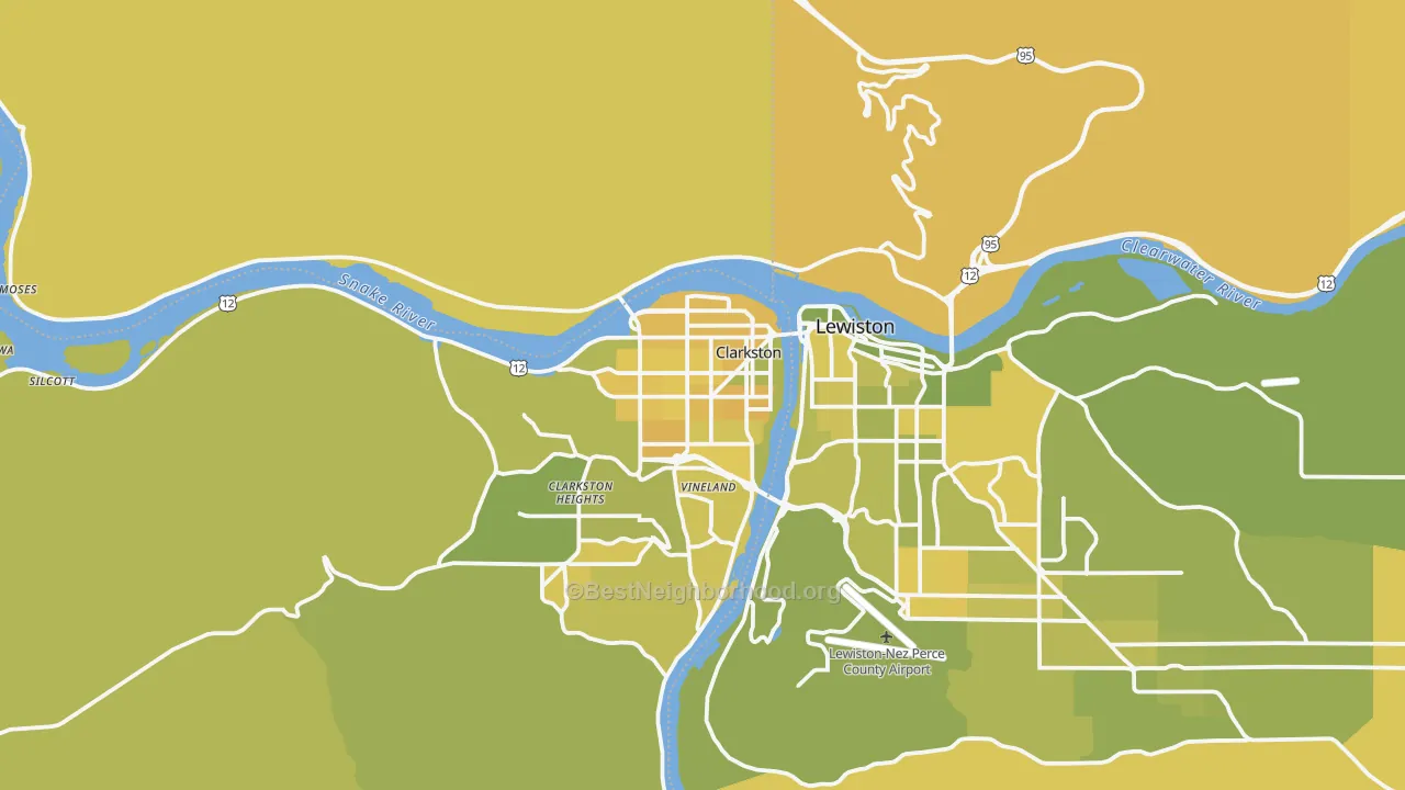 Map of the best neighborhoods in the Clarkston area, with better matches in green and worse matches in red
