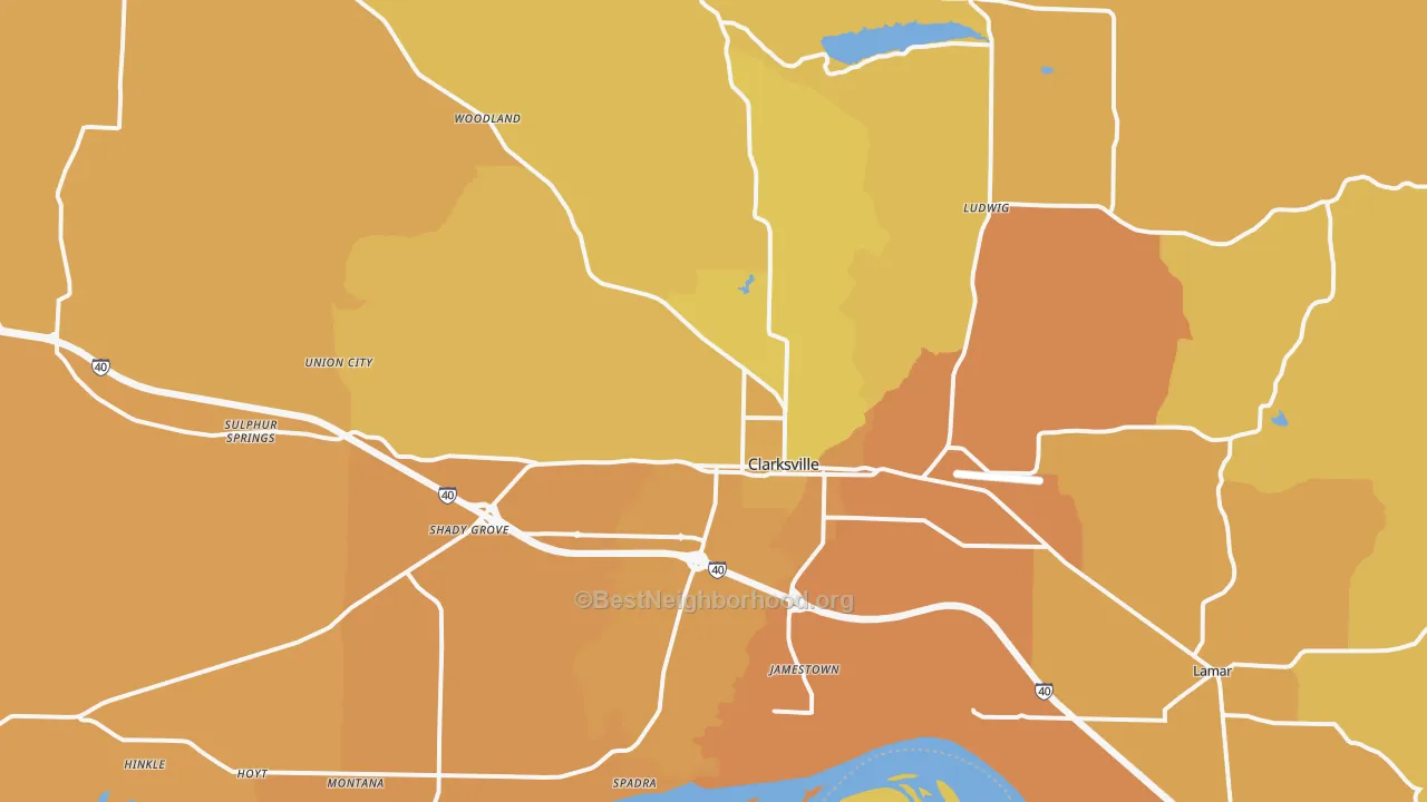 Map of the best neighborhoods in the Clarksville area, with better matches in green and worse matches in red