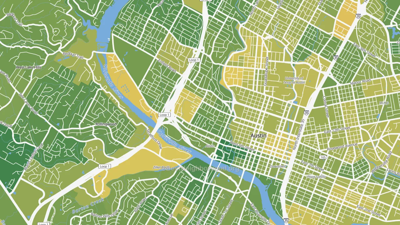 Map of the best neighborhoods in the Clarksville, Austin area, with better matches in green and worse matches in red