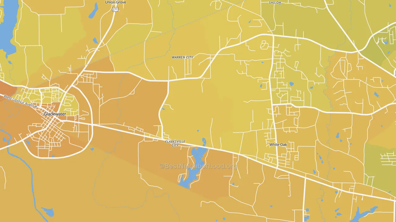 Map of the best neighborhoods in the Clarksville City area, with better matches in green and worse matches in red