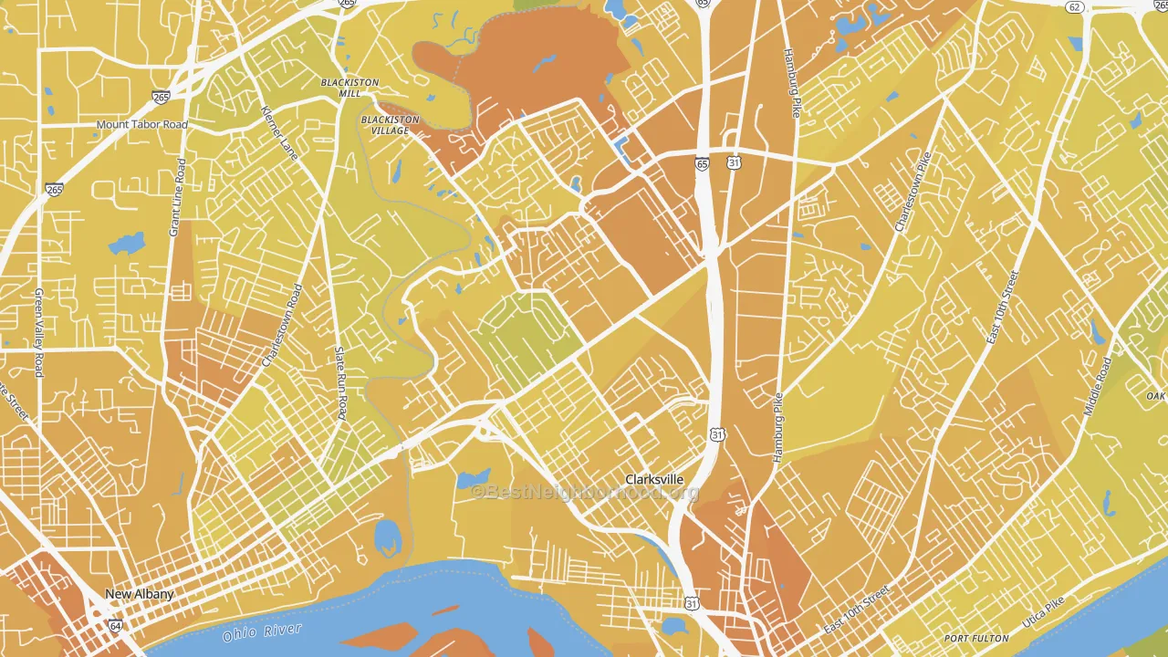 Map of the best neighborhoods in the Clarksville area, with better matches in green and worse matches in red