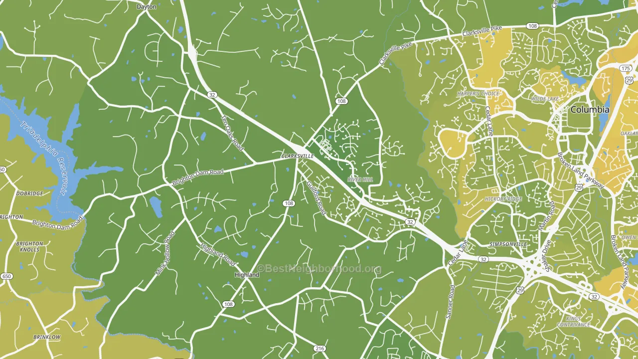 Map of the best neighborhoods in the Clarksville area, with better matches in green and worse matches in red