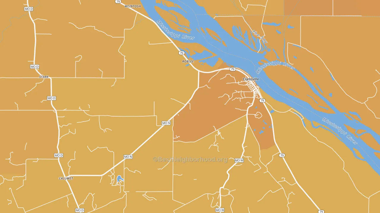 Map of the best neighborhoods in the Clarksville area, with better matches in green and worse matches in red
