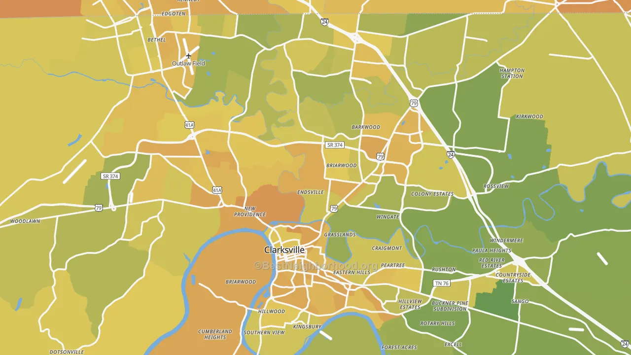 Map of the best neighborhoods in the Clarksville Metro area, with better matches in green and worse matches in red
