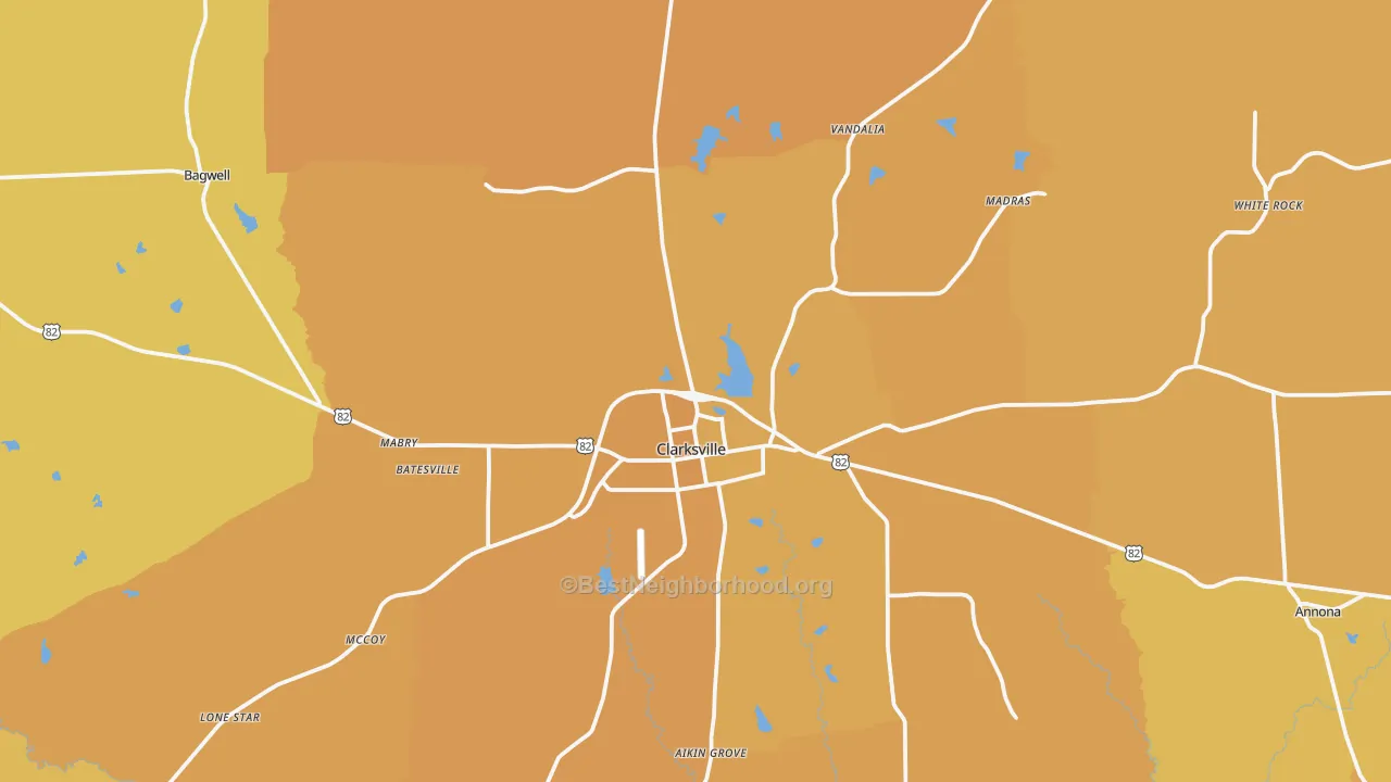 Map of the best neighborhoods in the Clarksville area, with better matches in green and worse matches in red
