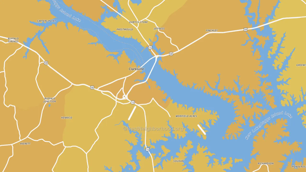 Map of the best neighborhoods in the Clarksville area, with better matches in green and worse matches in red
