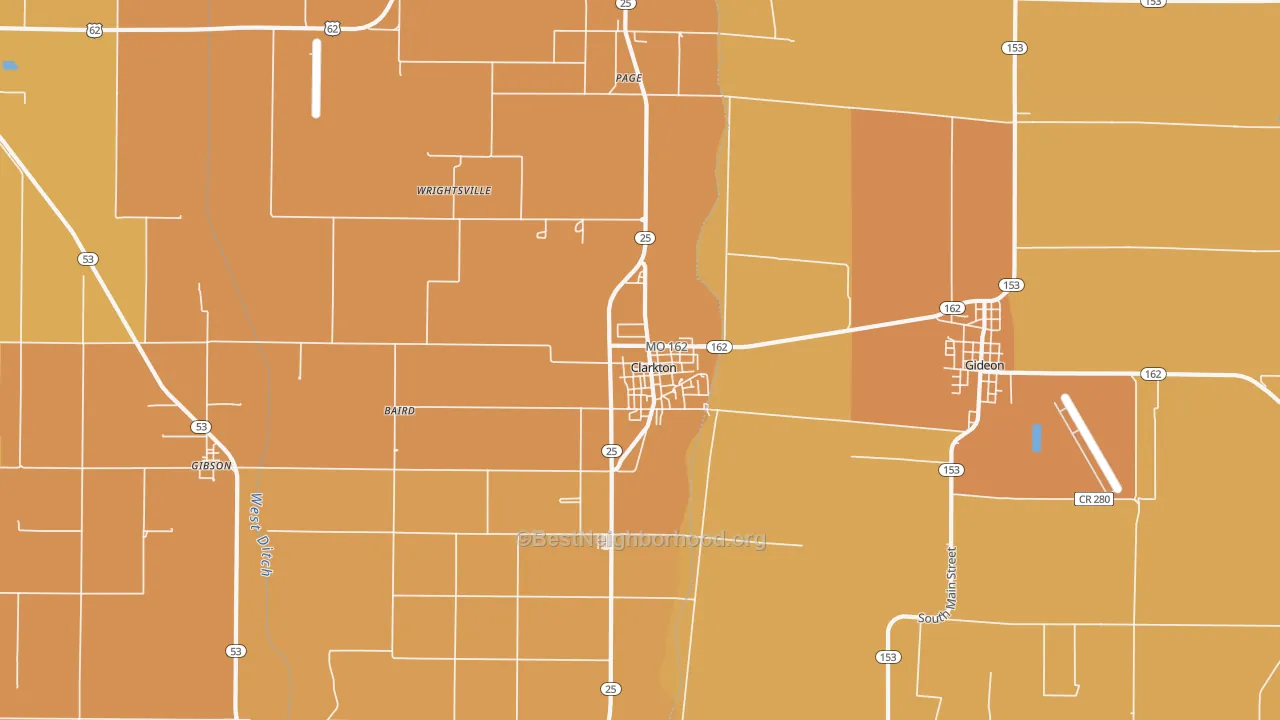 Map of the best neighborhoods in the Clarkton area, with better matches in green and worse matches in red