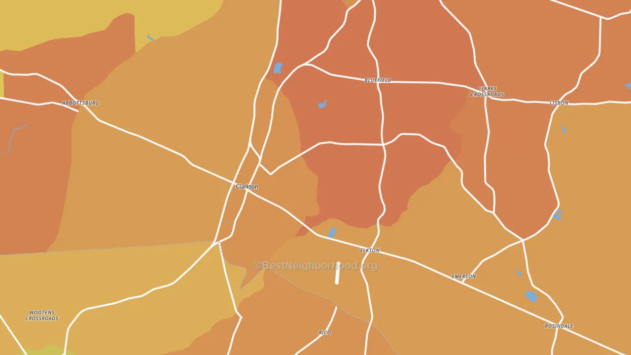 Map of the best neighborhoods in the Clarkton area, with better matches in green and worse matches in red