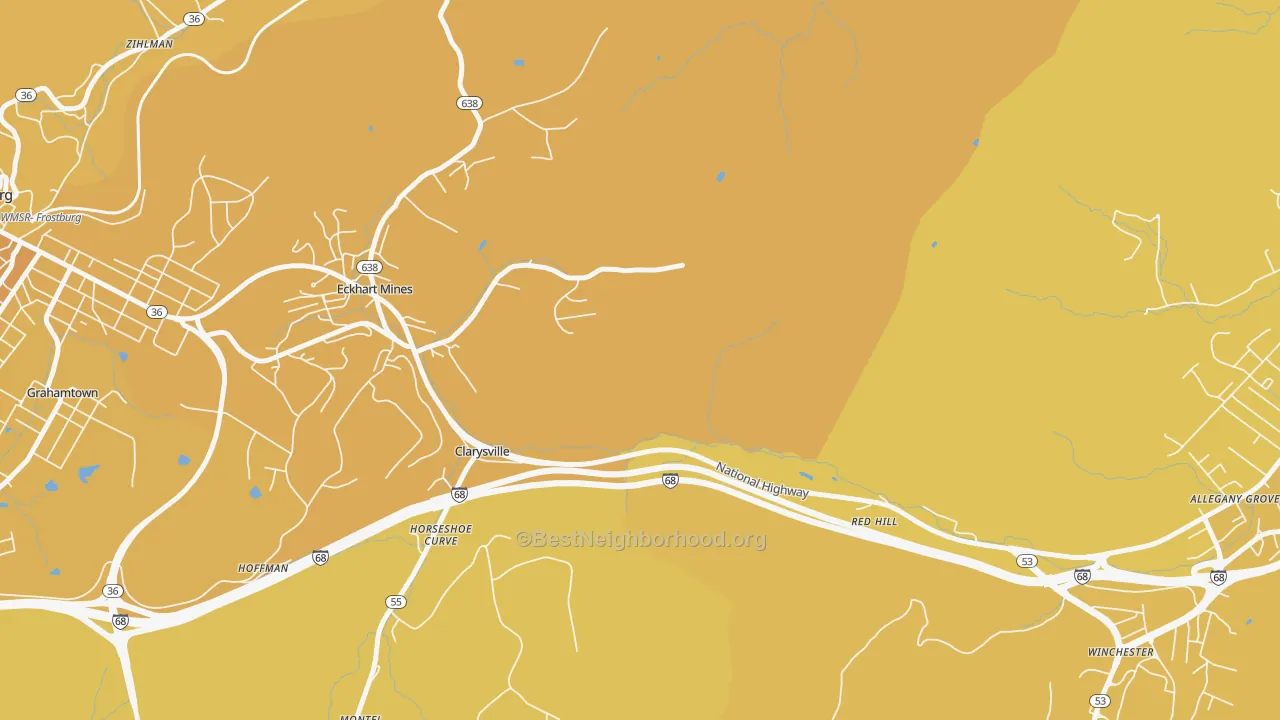 Map of the best neighborhoods in the Clarysville area, with better matches in green and worse matches in red