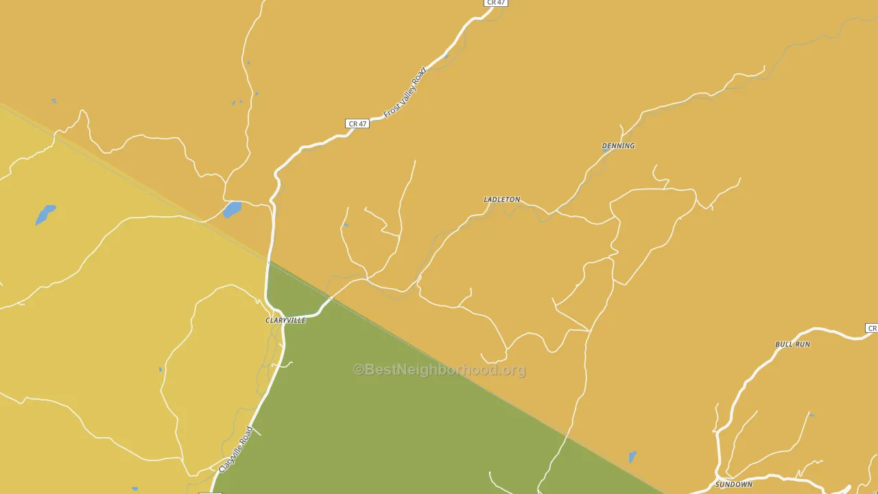 Map of the best neighborhoods in the Claryville area, with better matches in green and worse matches in red