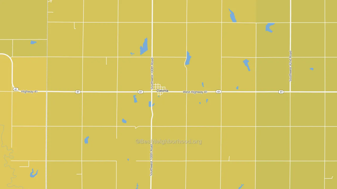 Map of the best neighborhoods in the Clatonia area, with better matches in green and worse matches in red