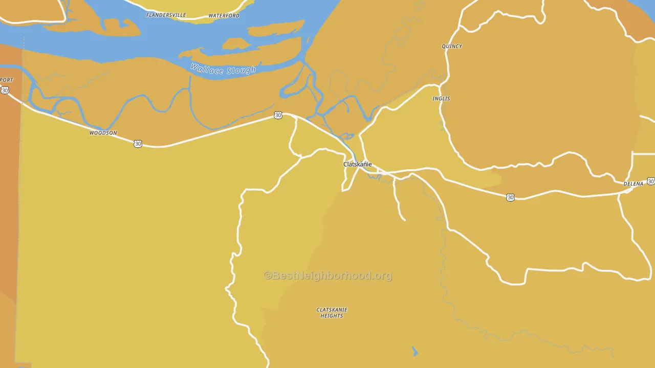 Map of the best neighborhoods in the Clatskanie area, with better matches in green and worse matches in red