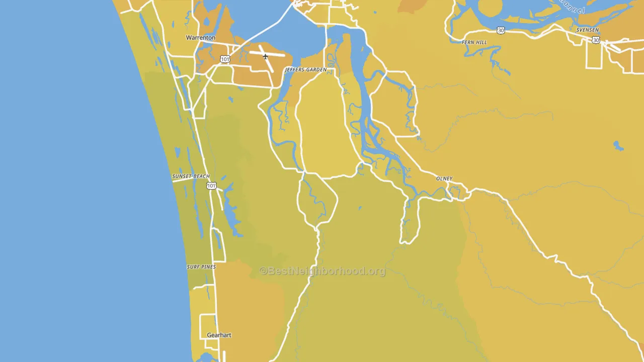 Map of the best neighborhoods in the Clatsop County area, with better matches in green and worse matches in red