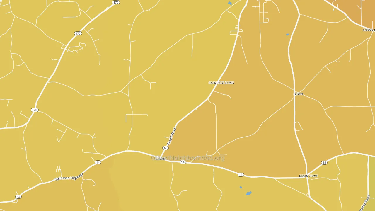 Map of the best neighborhoods in the Claud area, with better matches in green and worse matches in red