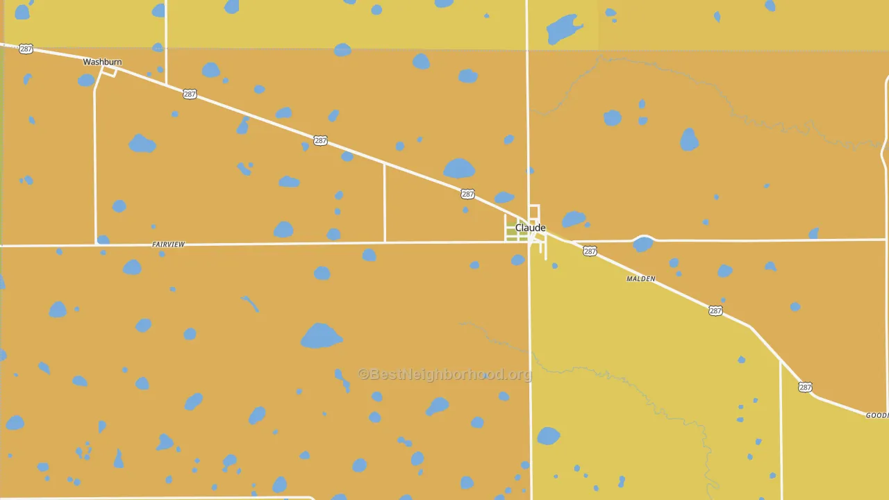 Map of the best neighborhoods in the Claude area, with better matches in green and worse matches in red