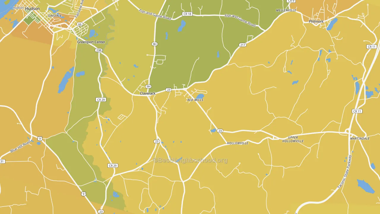 Map of the best neighborhoods in the Claverack area, with better matches in green and worse matches in red