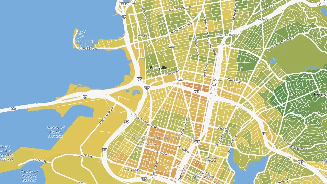 Map of the best neighborhoods in the Clawson, Emeryville area, with better matches in green and worse matches in red