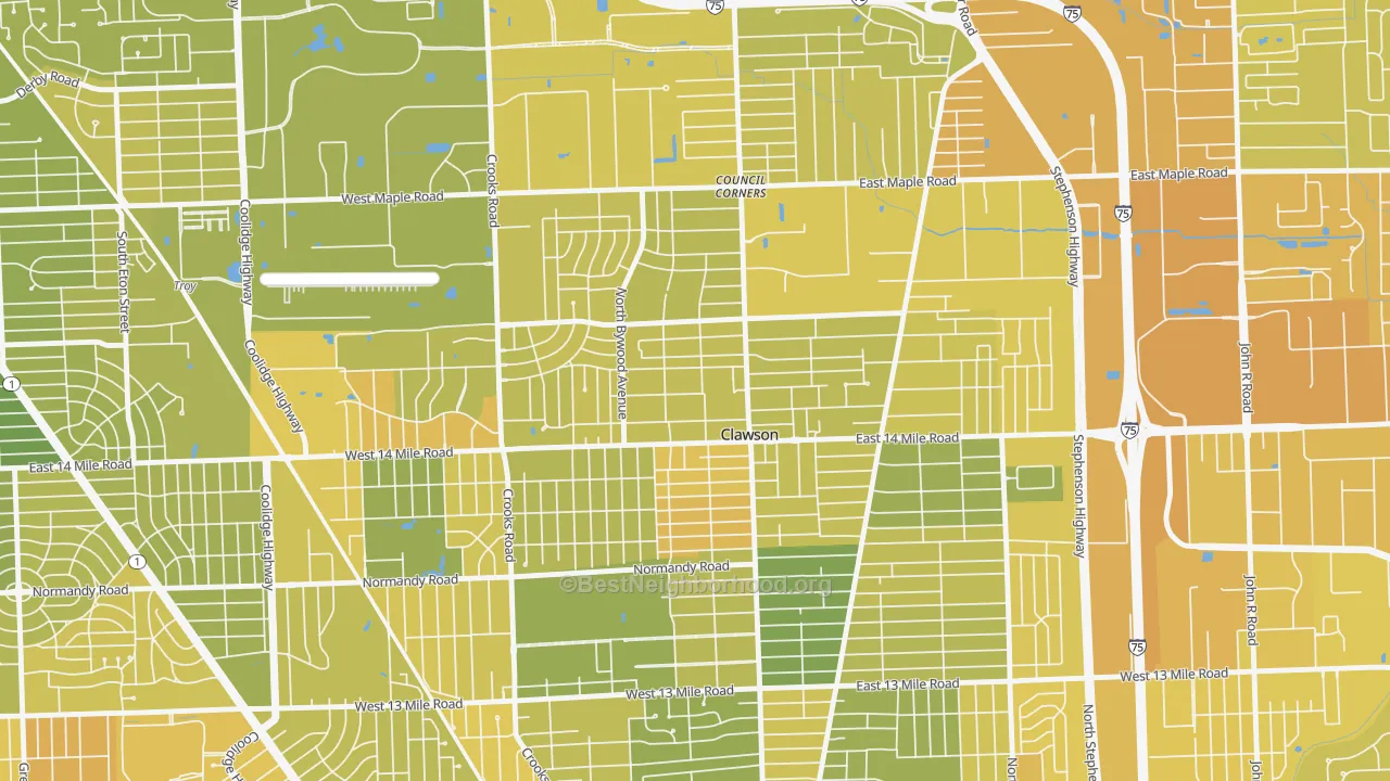 Map of the best neighborhoods in the Clawson area, with better matches in green and worse matches in red