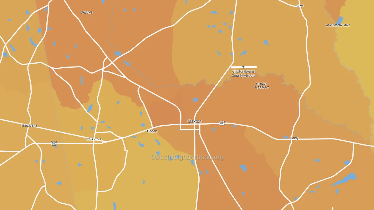Map of the best neighborhoods in the Claxton area, with better matches in green and worse matches in red