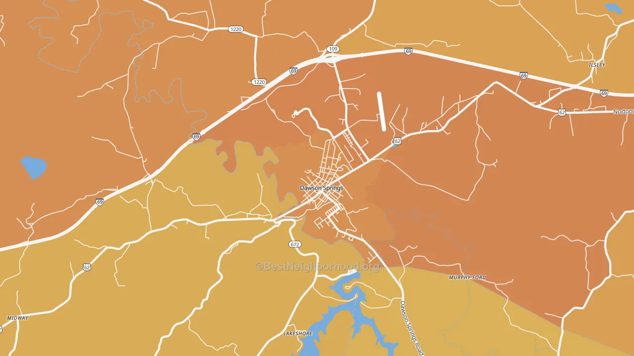 Map of the best neighborhoods in the Claxton area, with better matches in green and worse matches in red