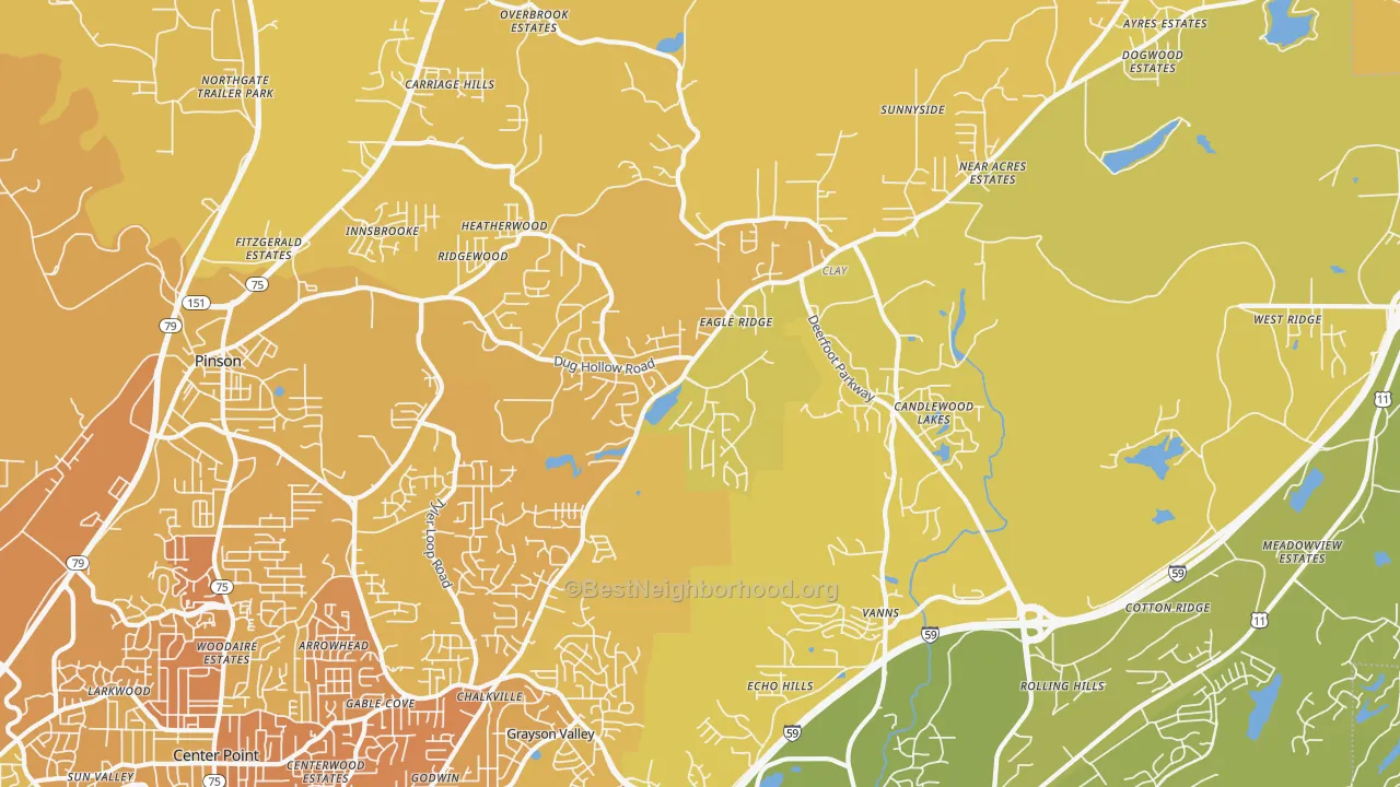Map of the best neighborhoods in the Clay area, with better matches in green and worse matches in red