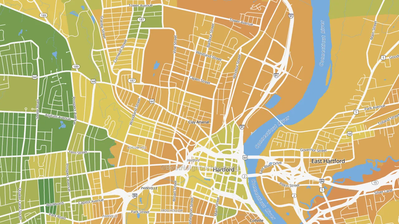 Map of the best neighborhoods in the Clay Arsenal, Hartford area, with better matches in green and worse matches in red