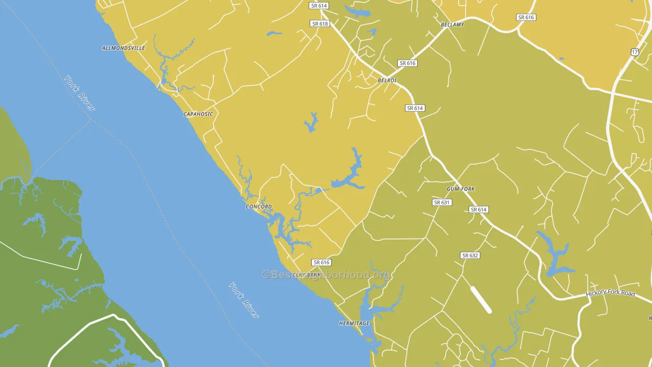 Map of the best neighborhoods in the Clay Bank area, with better matches in green and worse matches in red