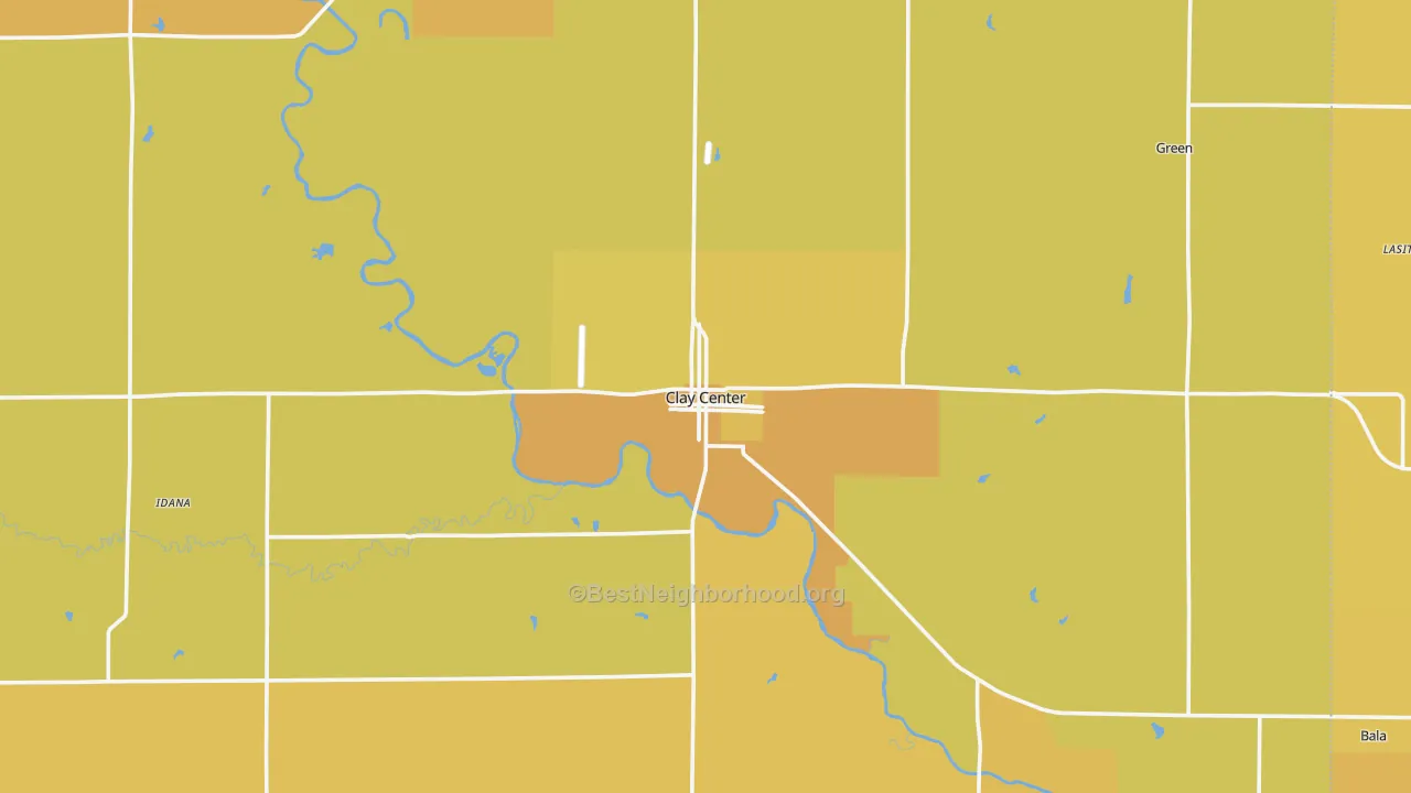 Map of the best neighborhoods in the Clay Center area, with better matches in green and worse matches in red