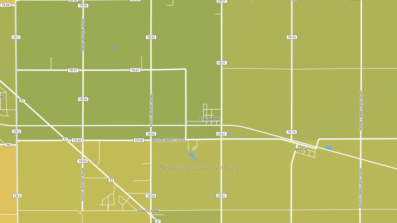 Map of the best neighborhoods in the Clay Center area, with better matches in green and worse matches in red