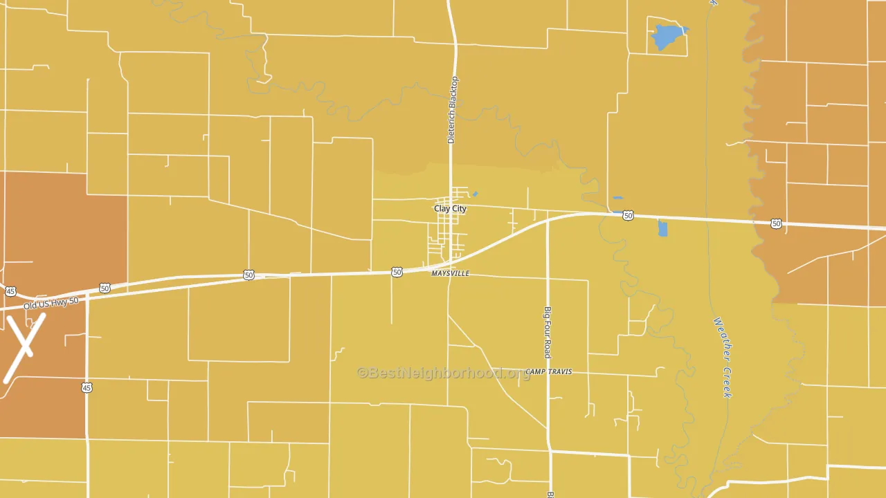 Map of the best neighborhoods in the Clay City area, with better matches in green and worse matches in red