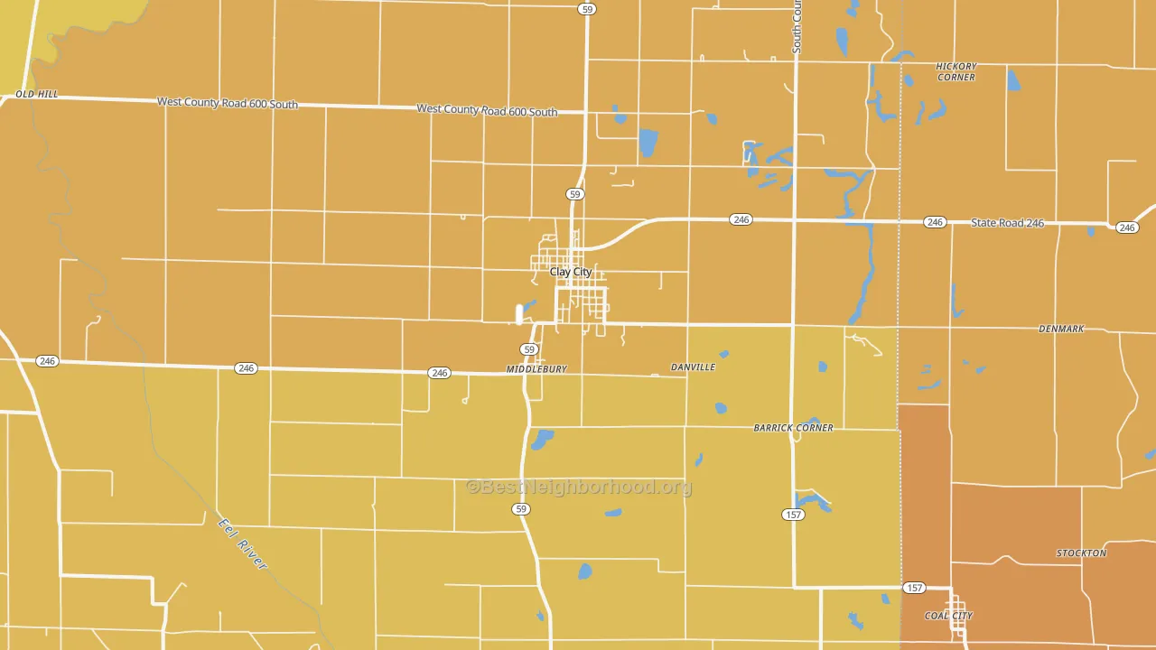 Map of the best neighborhoods in the Clay City area, with better matches in green and worse matches in red